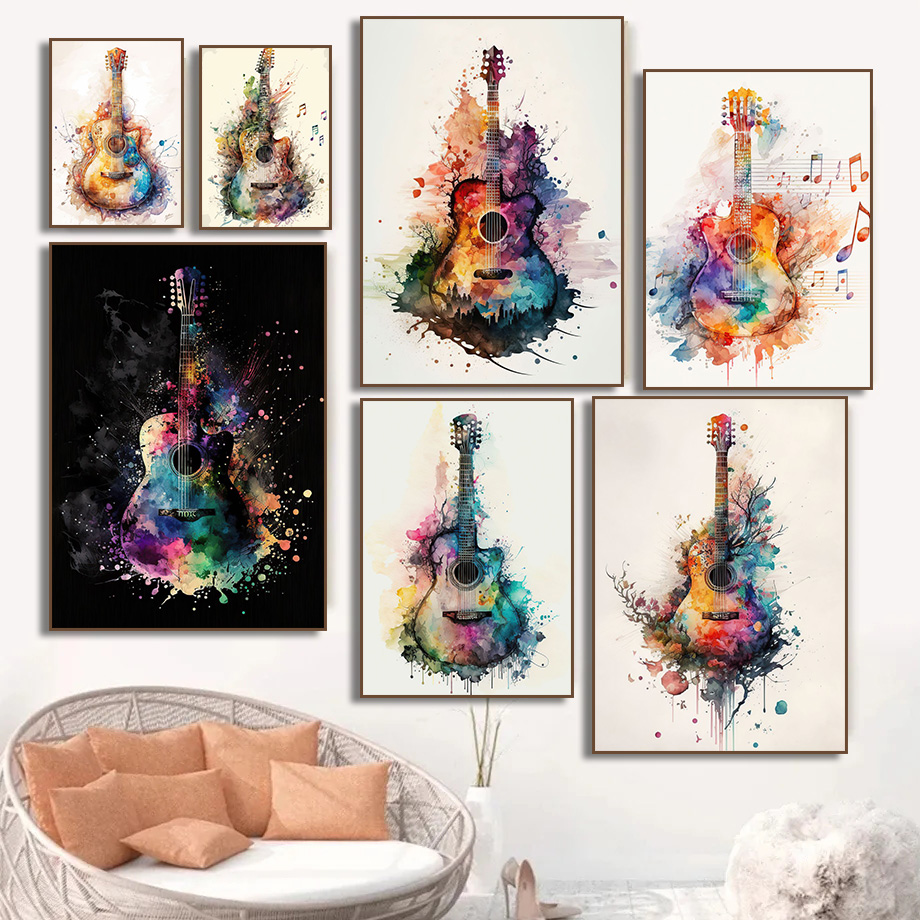Picture Of Musical Instrument - Poster artistico ad acquerello con chitarra,